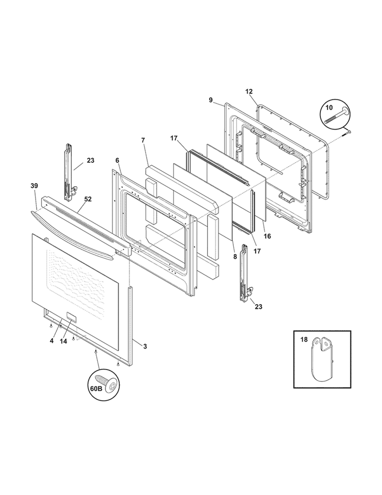 Door Diagram and Parts List for LGEF3033KBH  Frigidaire Range