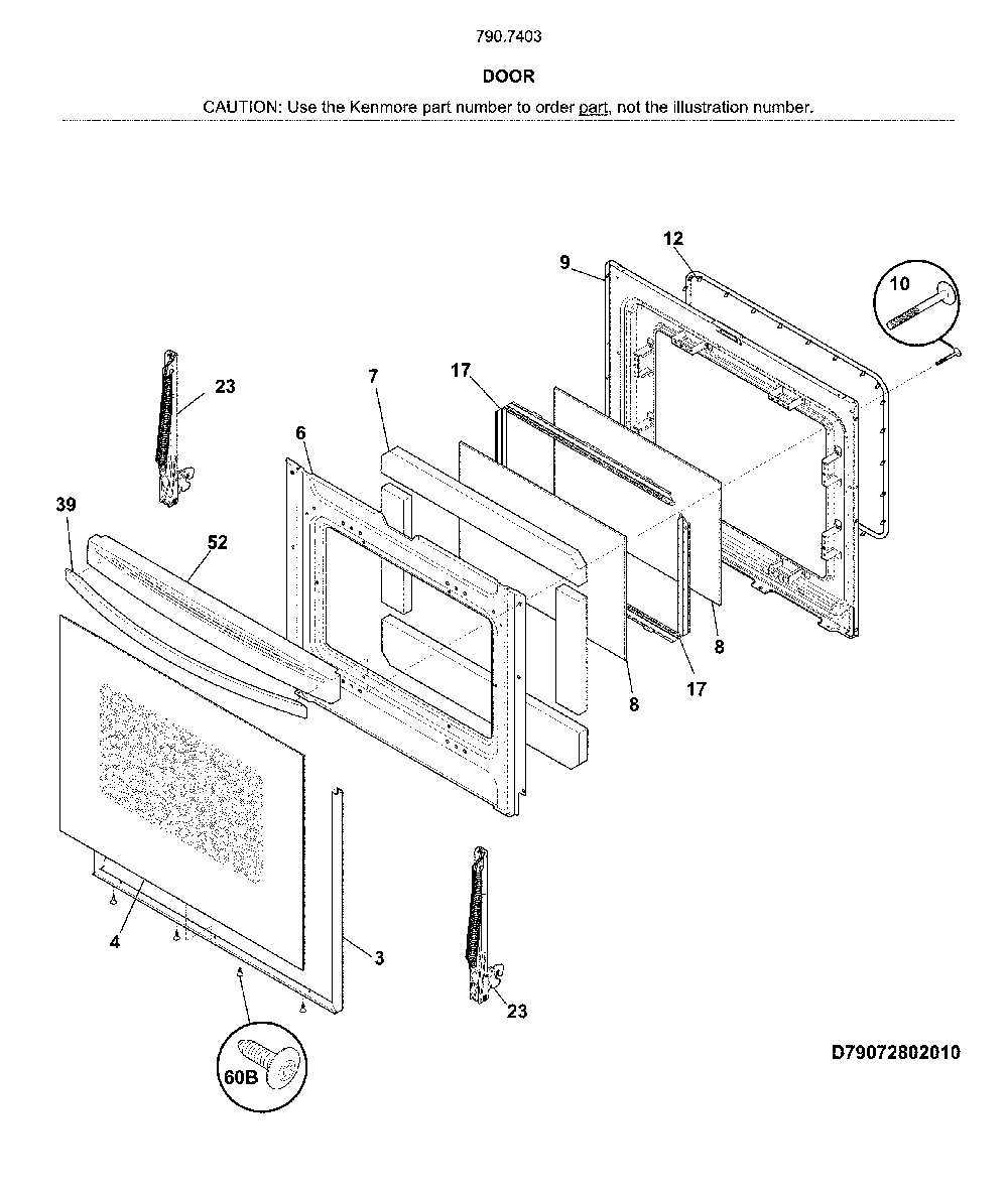 Door Diagram and Parts List for 79074032314  Kenmore Range