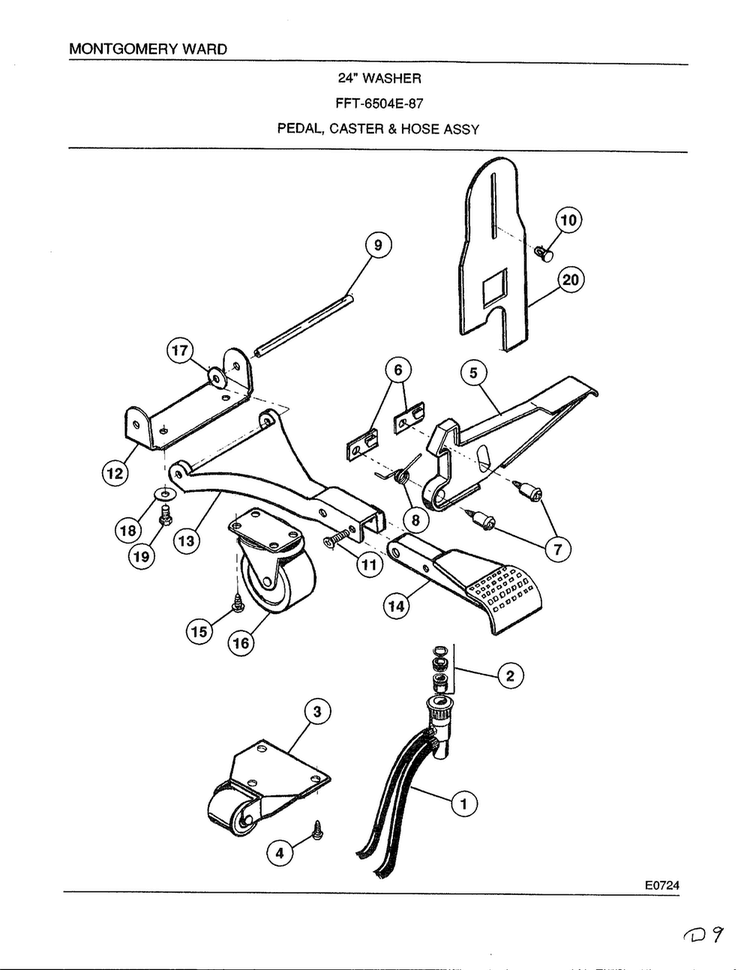 Pedal, Caster And Hose Assembly Diagram and Parts List for 6504E  Frigidaire Washer