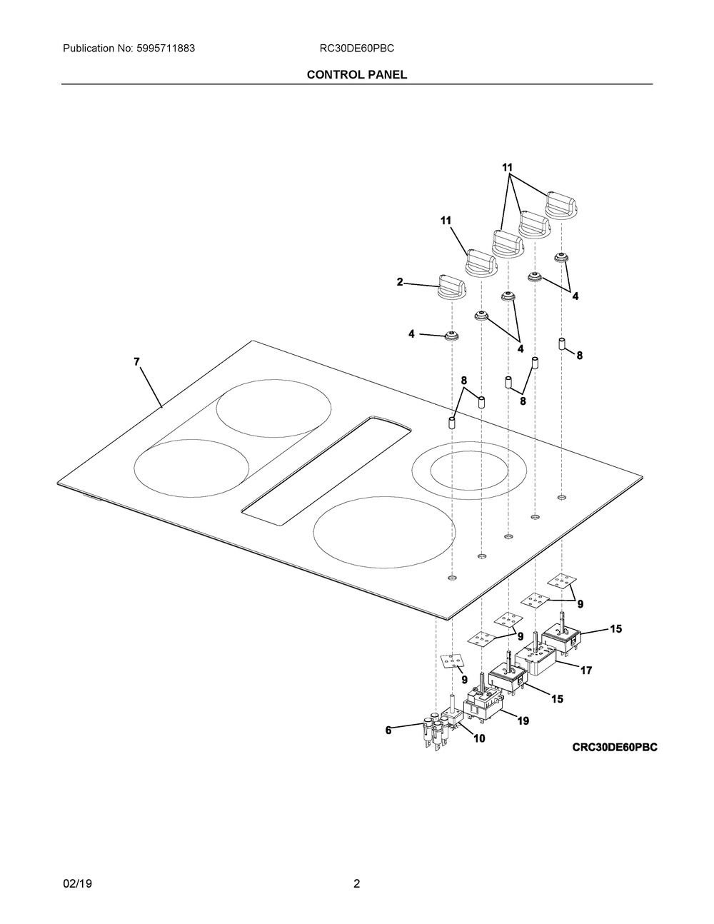 Control Panel Diagram and Parts List for RC30DE60PBC  Frigidaire Cooktop