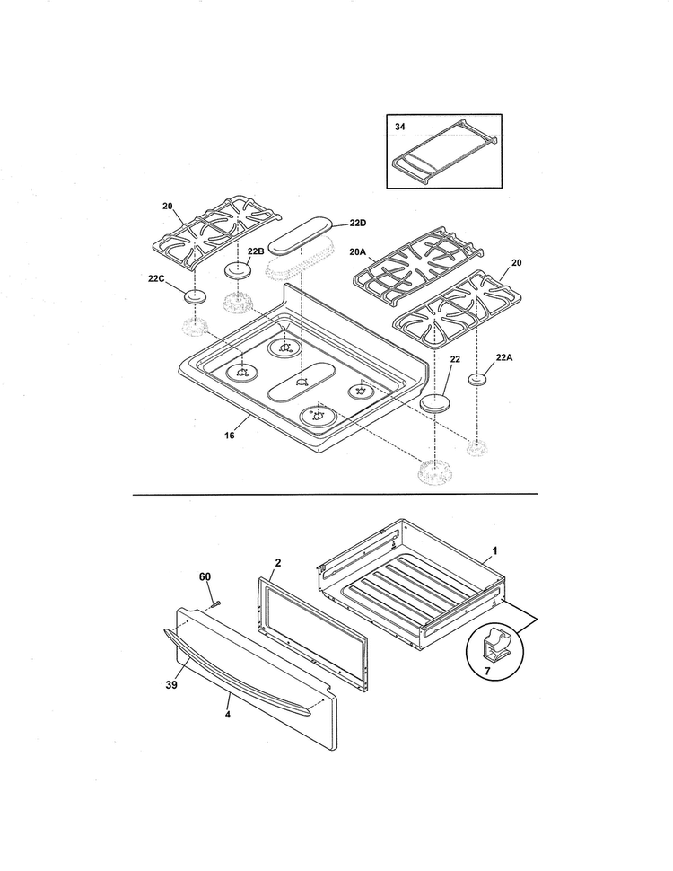 Top/drawer Diagram and Parts List for BGGF3042KFP  Frigidaire Range