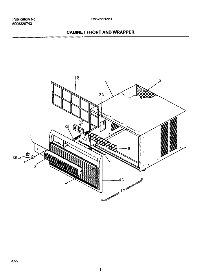FRONT AND WRAPPER Diagram and Parts List for FAS256H2A1  Frigidaire Air Conditioner