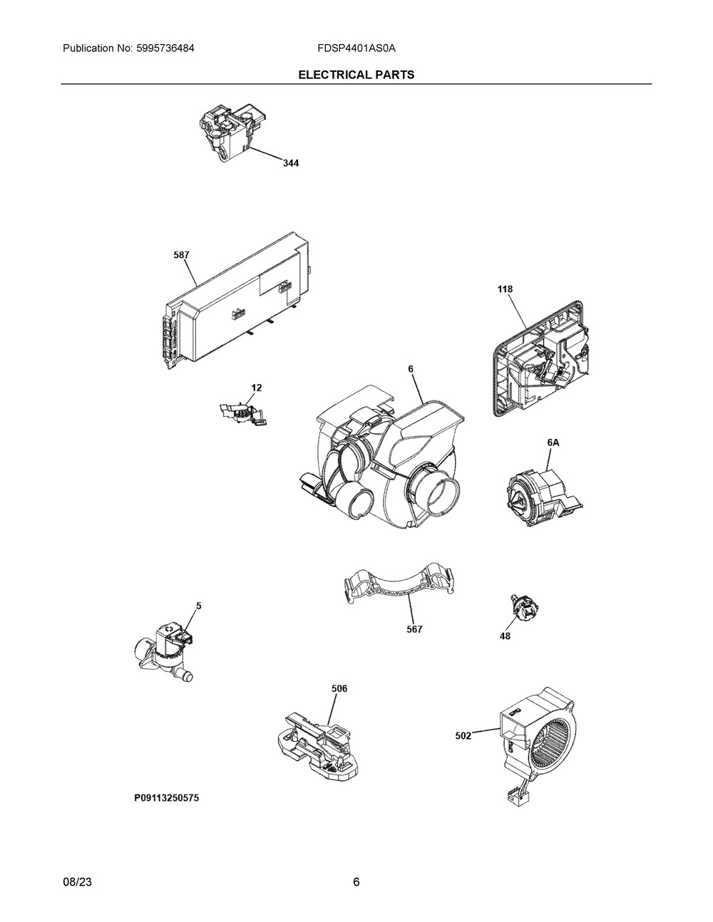Electrical Parts Diagram and Parts List for FDSP4401AS0A  Frigidaire Dishwasher