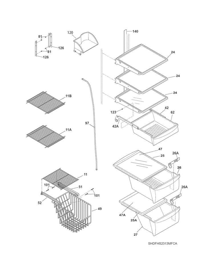 Shelves Diagram and Parts List for DFHS2313MFCA  Frigidaire Refrigerator