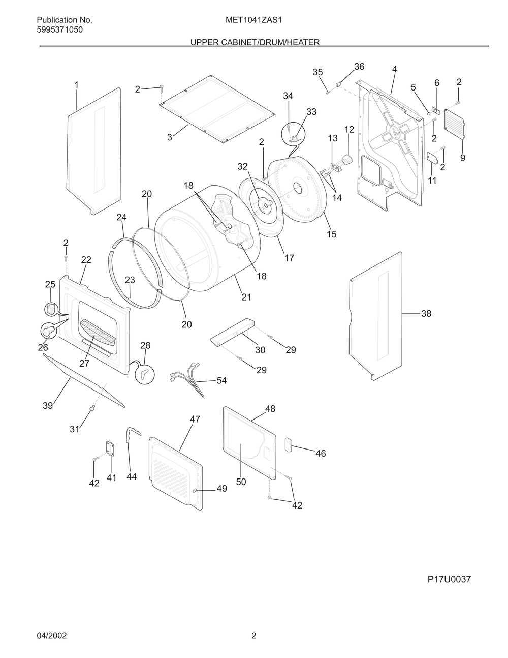 Upper Cabinet/Drum/Heater Diagram and Parts List for MET1041ZAS1  Frigidaire Washer Dryer Combo