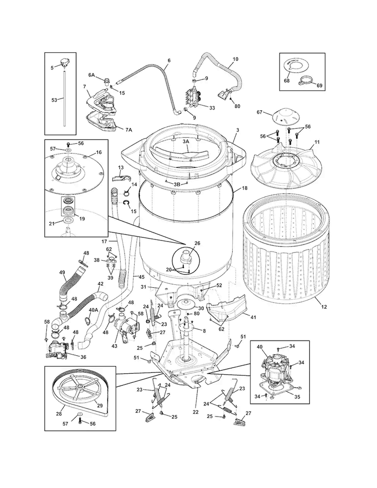 Motor/tub Diagram and Parts List for FAHE4044MW0  Frigidaire Washer