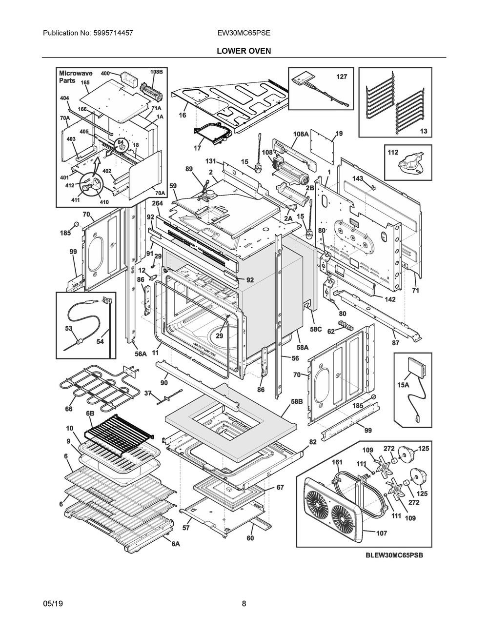 Lower Oven Diagram and Parts List for EW30MC65PSE  Frigidaire Wall Oven