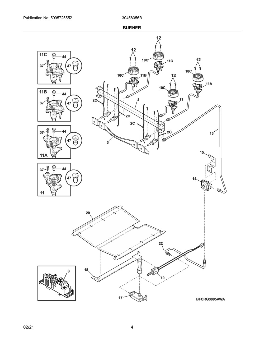 Burner Diagram and Parts List for 30458356B  Frigidaire Range