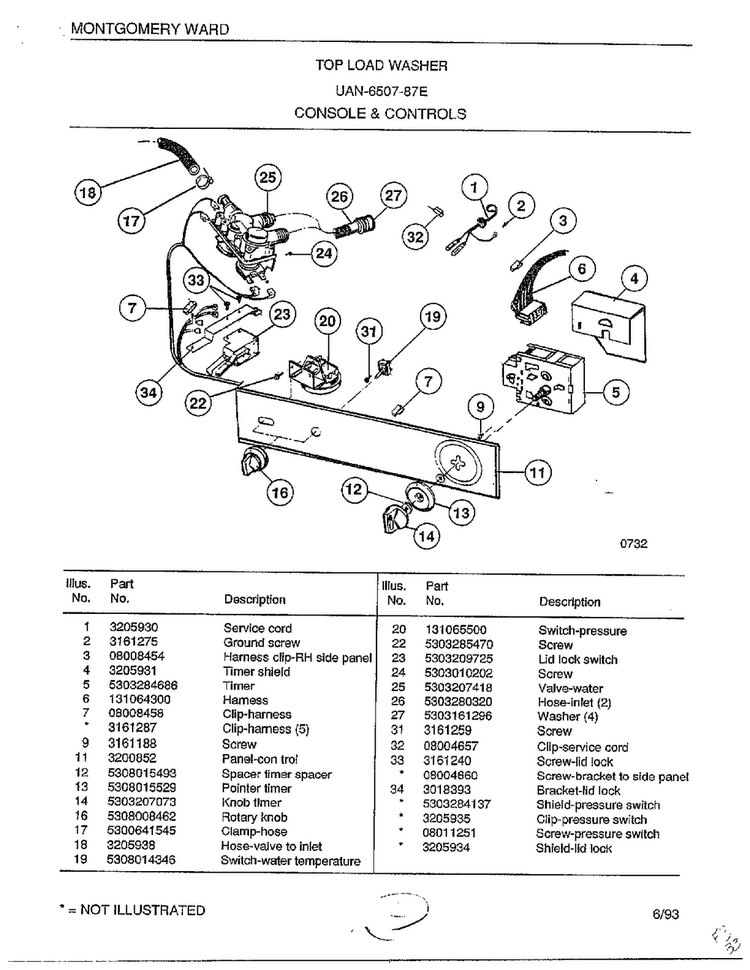 Console And Controls Diagram and Parts List for 6507-87E  Frigidaire Washer