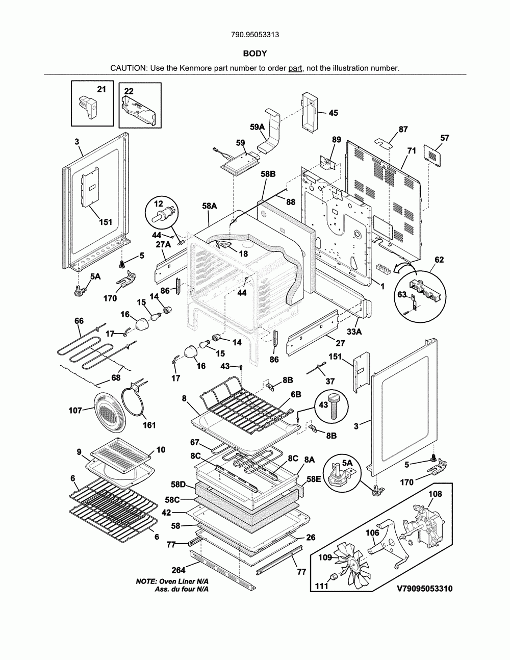 Body Diagram and Parts List for 79095053313  Kenmore Range