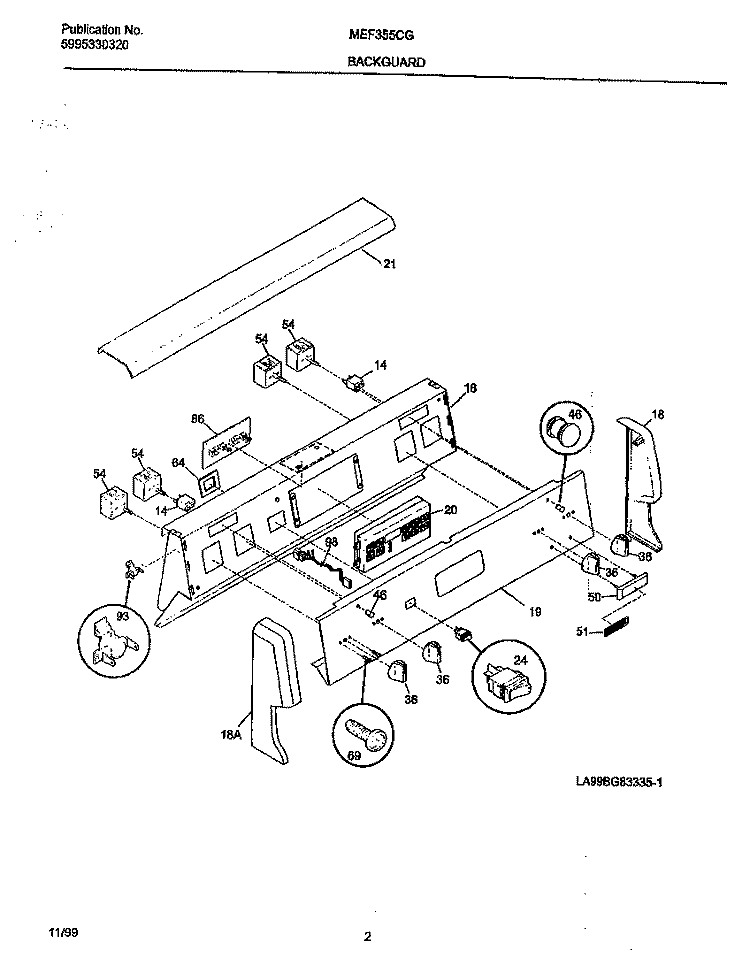 BACKGUARD Diagram and Parts List for MEF355CGB5  Frigidaire Range