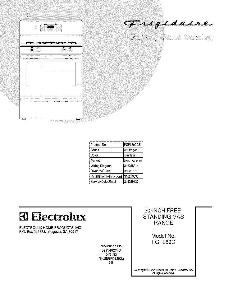 COVER Diagram and Parts List for FGFL89CCB  Frigidaire Range