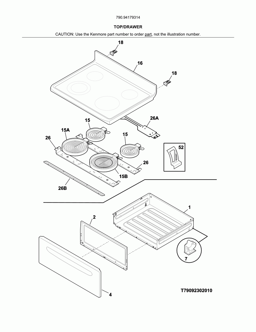 Top/drawer Diagram and Parts List for 79094179314  Kenmore Range