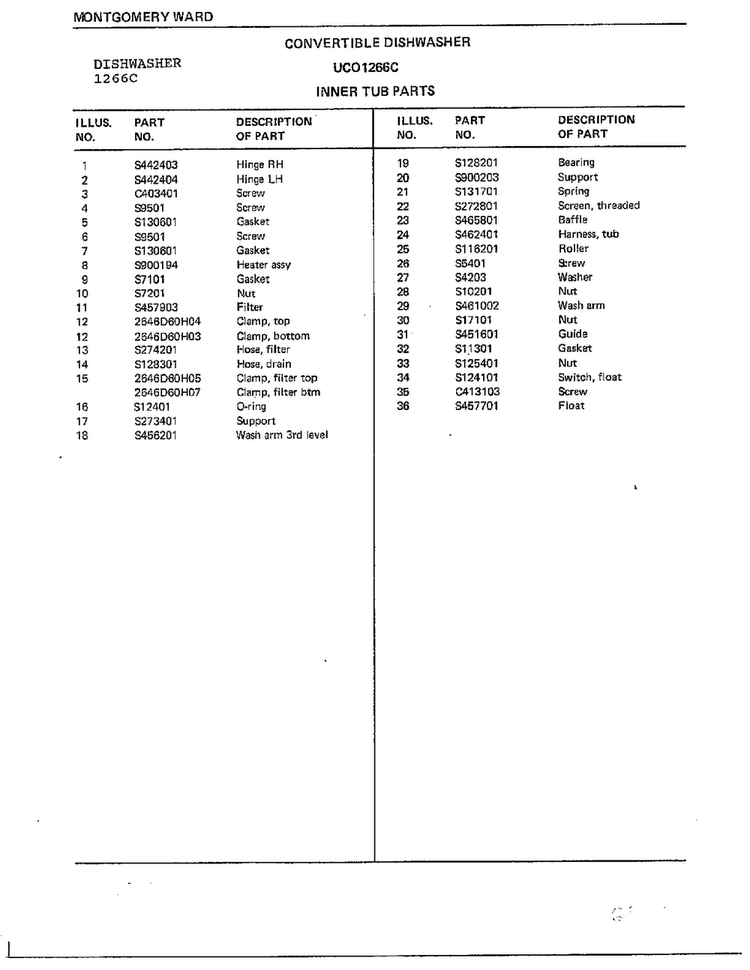Inner Tub Parts Page 2 Diagram and Parts List for 1266C  Frigidaire Dishwasher