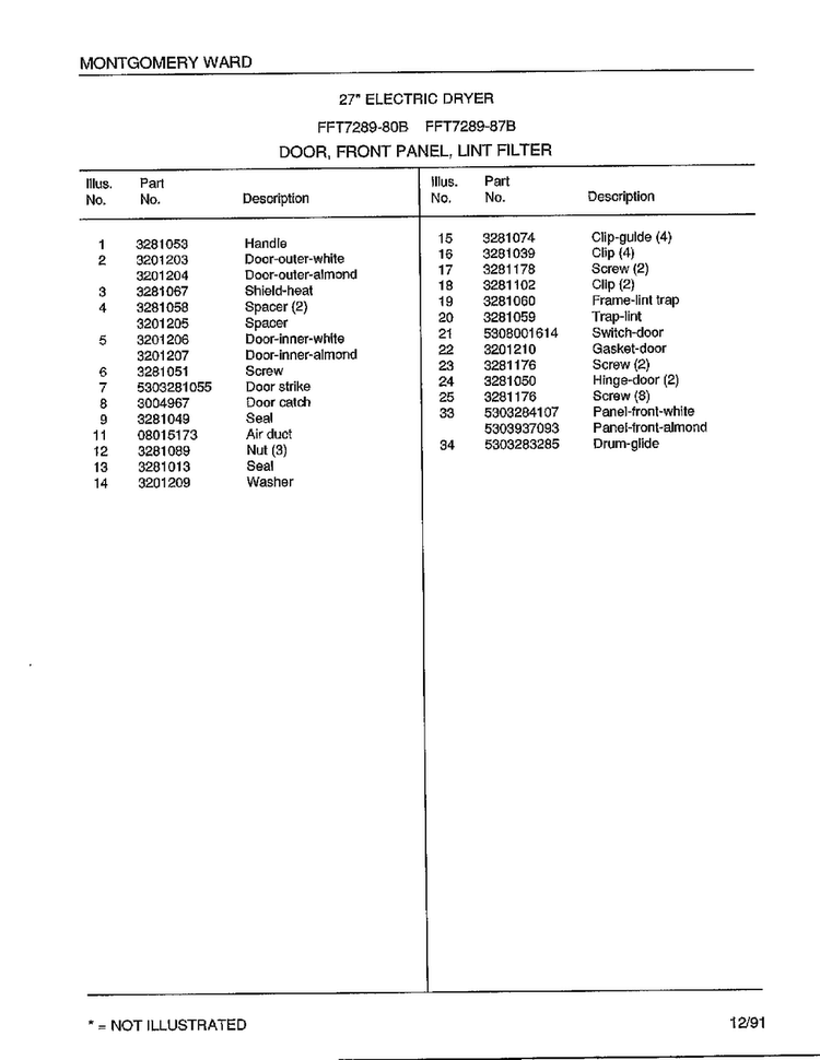 Door/front Panel/lint Filter Page 2 Diagram and Parts List for 7289-80B  Frigidaire Dryer