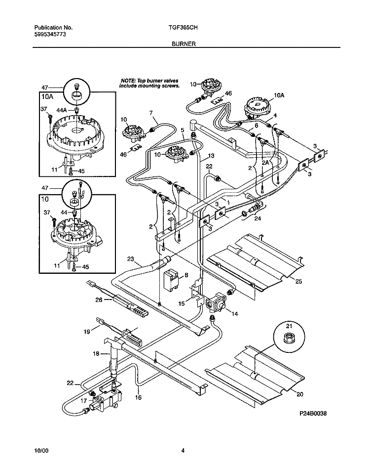 BURNER Diagram and Parts List for TGF365CHSF  Tappan Range
