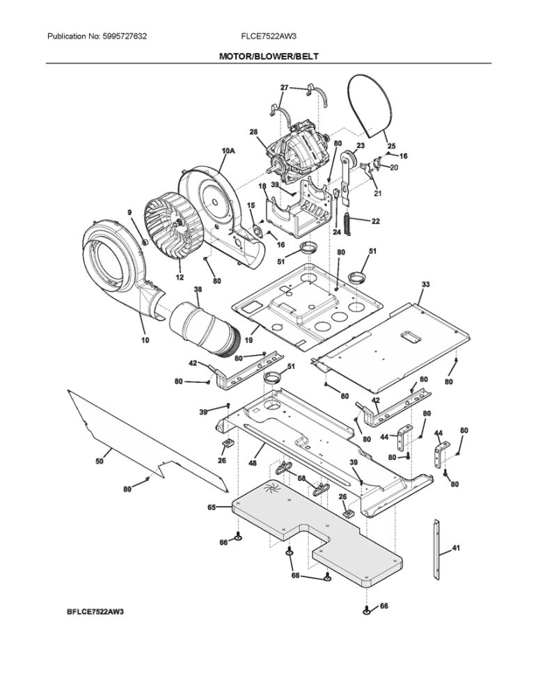 Motor/Blower/Belt Diagram and Parts List for FLCE7522AW3  Frigidaire Washer Dryer Combo