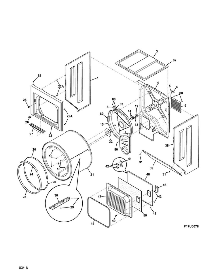 Upper Cabinet/drum Heater Diagram and Parts List for SFLG3911RW0  Frigidaire Washer Dryer Combo