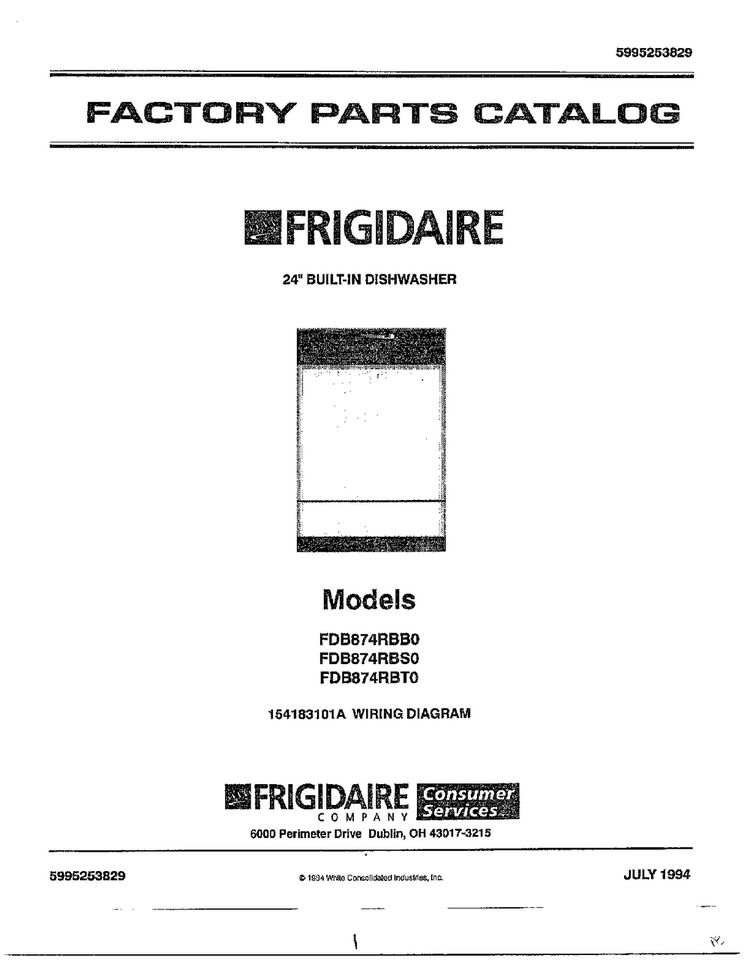 24" Built-in Dishwasher Cover Page Diagram and Parts List for 787  Frigidaire Dishwasher
