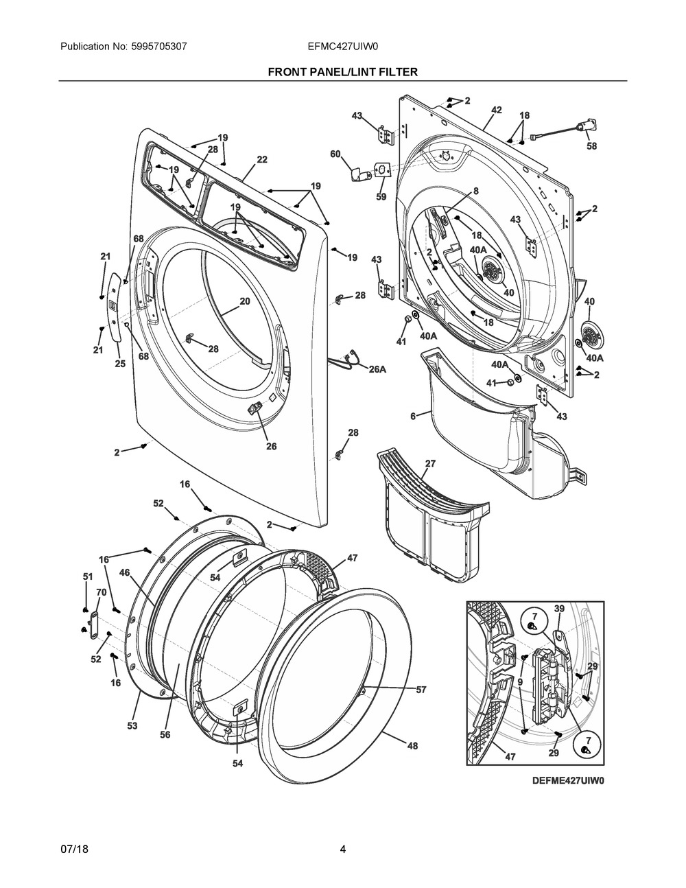 Front Panel/lint Filter Diagram and Parts List for EFMC427UIW0  Frigidaire Dryer