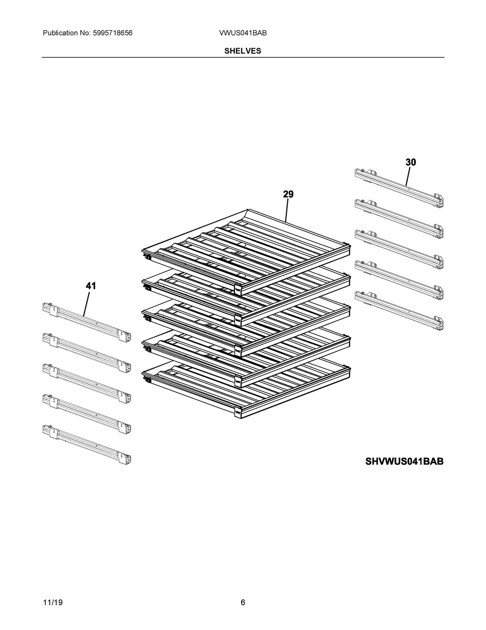 Shelves Diagram and Parts List for VWUS041BAB  Frigidaire Wine and Beverage Cooler
