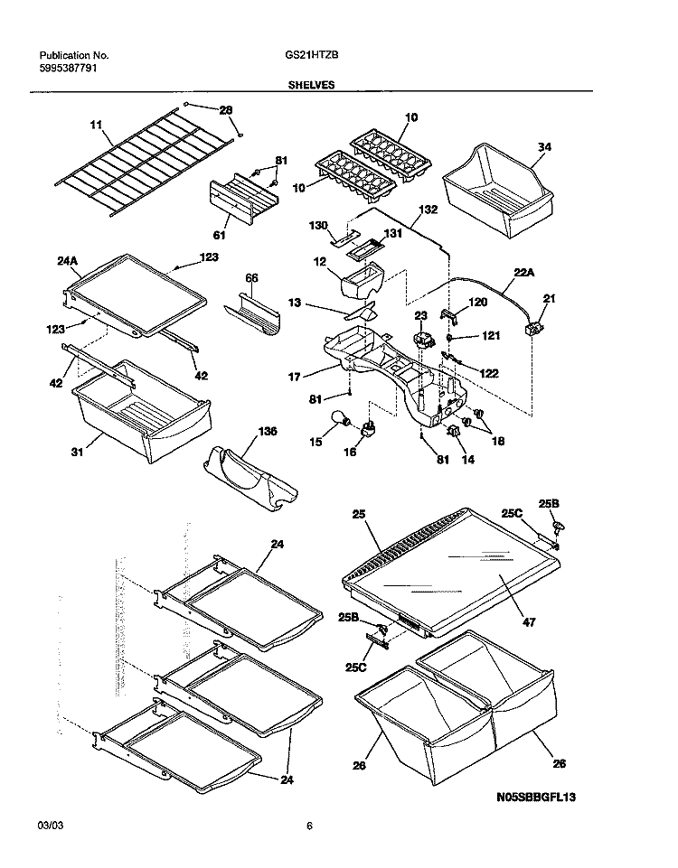 SHELVES Diagram and Parts List for GS21HTZBC1  Frigidaire Refrigerator