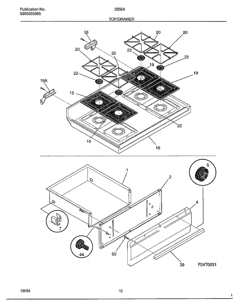 Top/drawer Diagram and Parts List for 285647A  Frigidaire Range