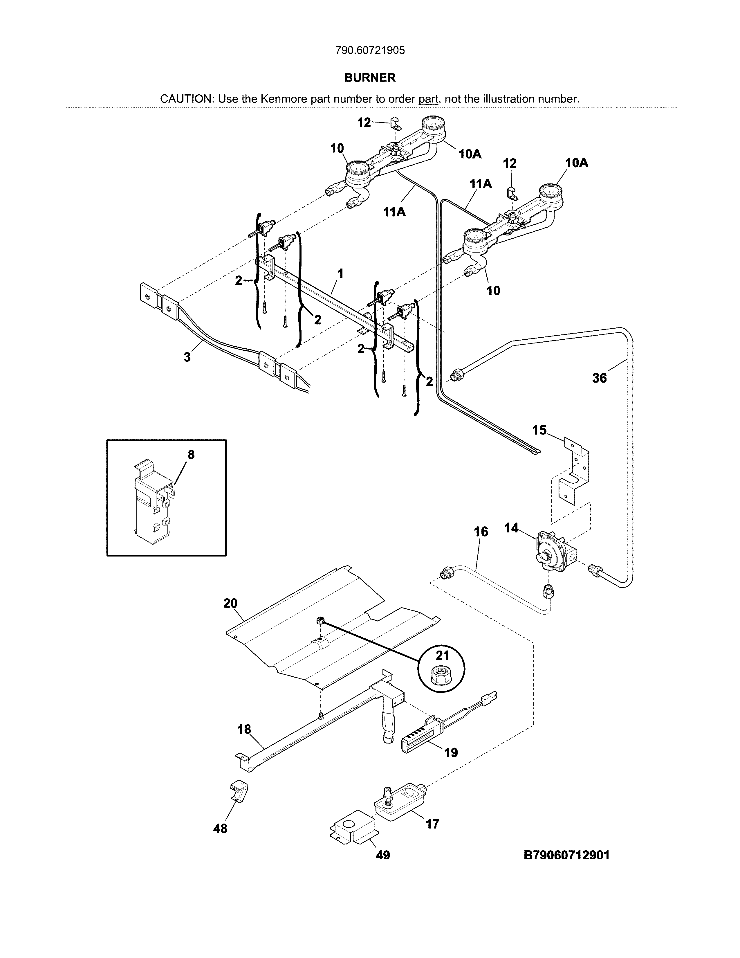 Burner Diagram and Parts List for 79060721905  Kenmore Range