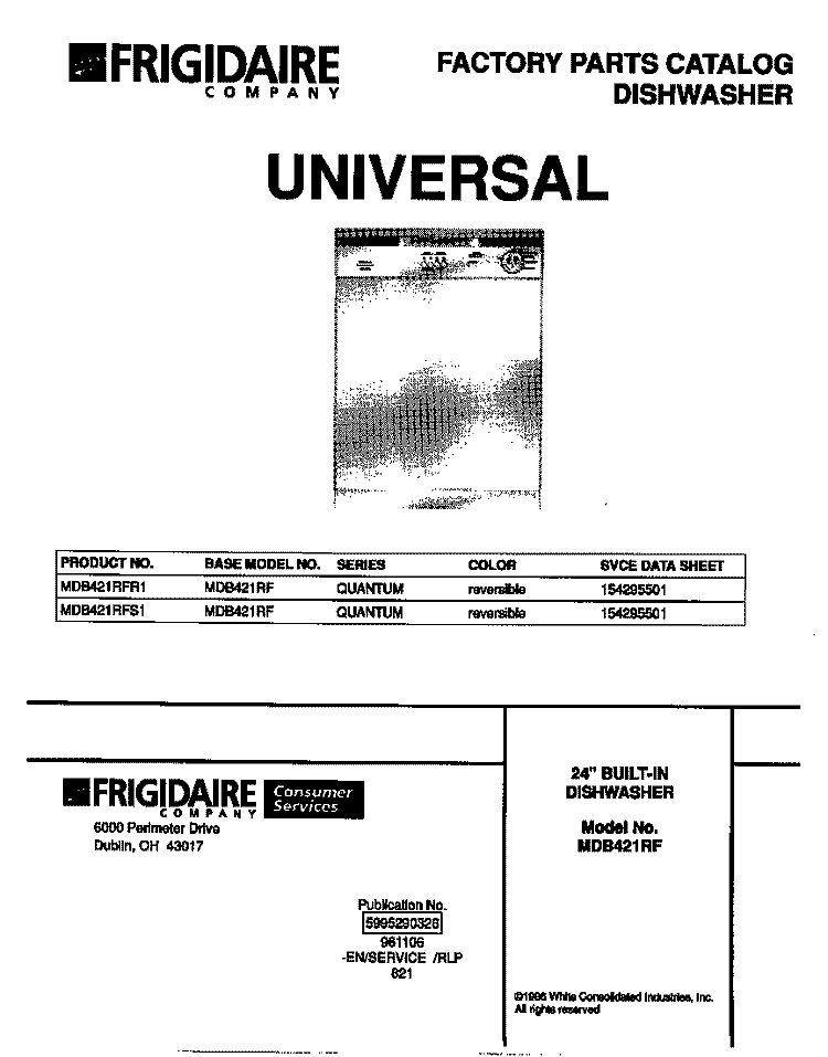 COVER Diagram and Parts List for MDB421RFS1  Frigidaire Dishwasher