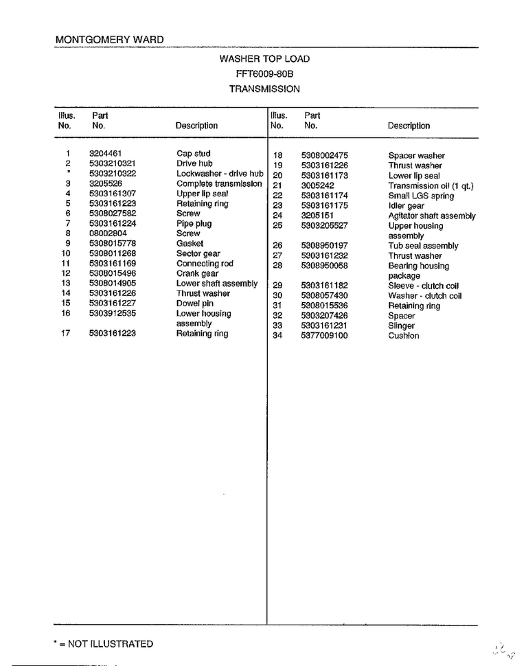 Transmission Page 2 Diagram and Parts List for 6009-80B  Frigidaire Washer