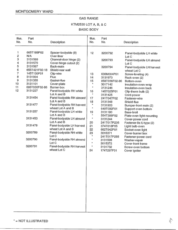 Basic Body Page 2 Diagram and Parts List for 2530B  Frigidaire Range