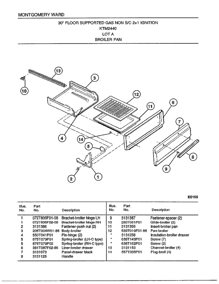 30" Gas Range/broiler Pan Diagram and Parts List for 2440A  Frigidaire Range