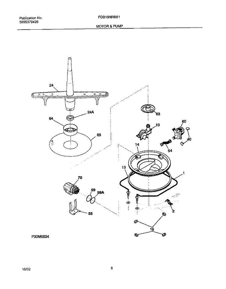 MOTOR & PUMP Diagram and Parts List for FDB10NRBB1  Frigidaire Dishwasher