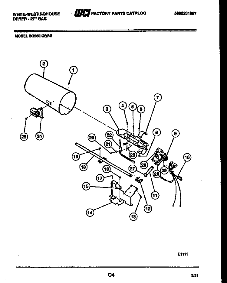 BURNER, IGNITER AND VALVE Diagram and Parts List for DG250KXD3  Frigidaire Dryer