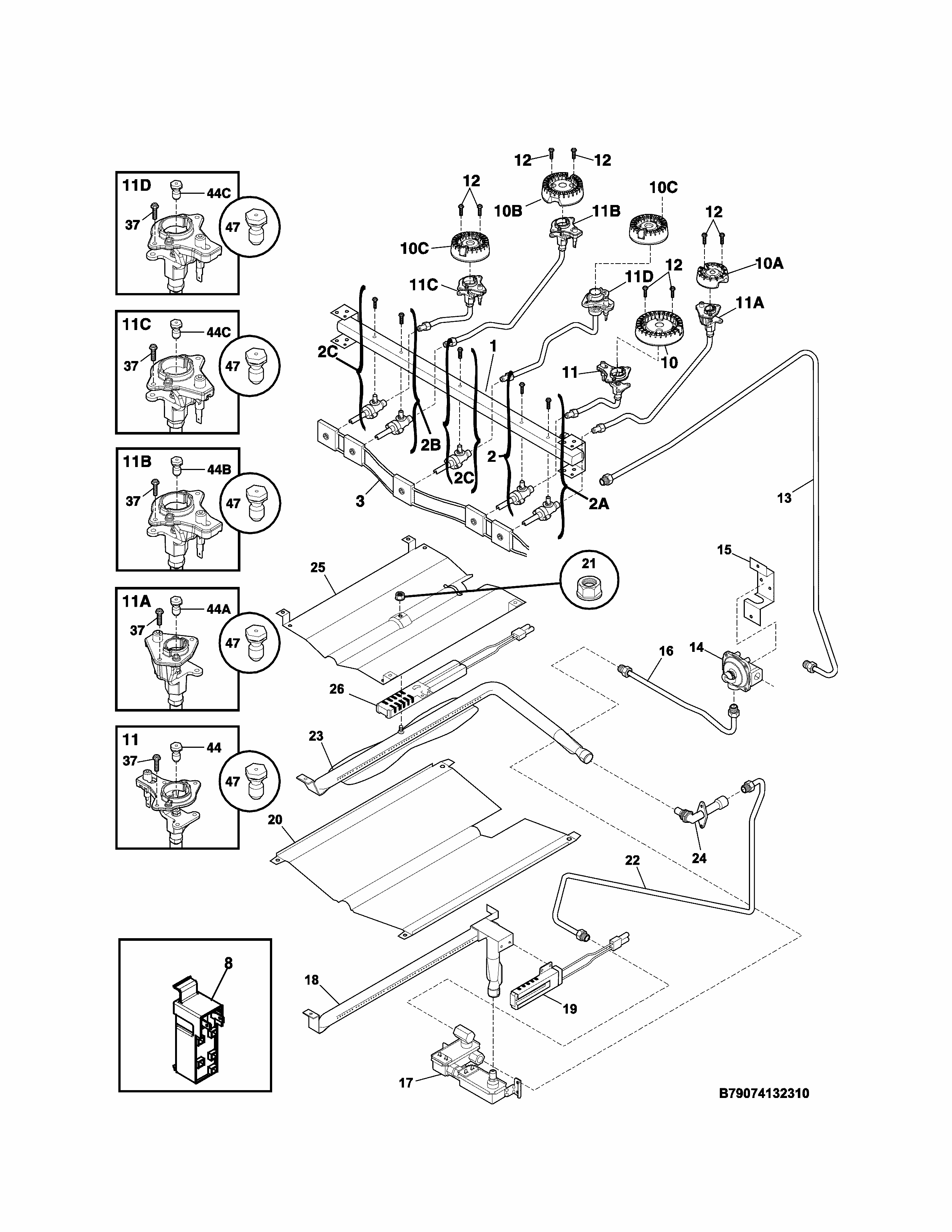 Burner Diagram and Parts List for 79074139311  Kenmore Range