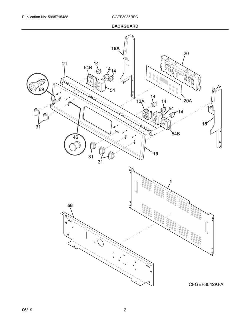 Backguard Diagram and Parts List for CGEF3035RFC  Frigidaire Range