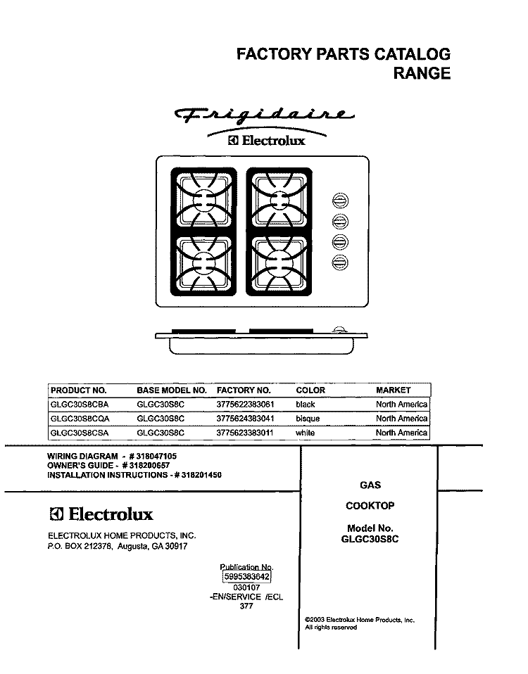 COVER Diagram and Parts List for GLGC30S8CQA  Frigidaire Cooktop