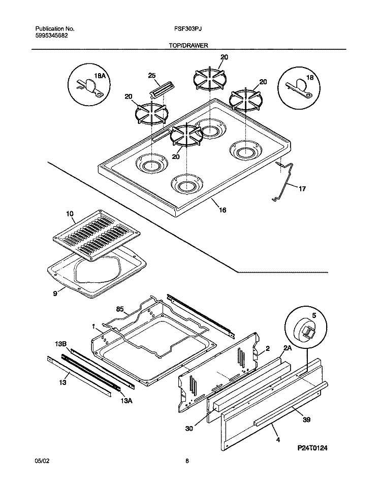 TOP / DRAWER Diagram and Parts List for FSF303PJWB  Frigidaire Range