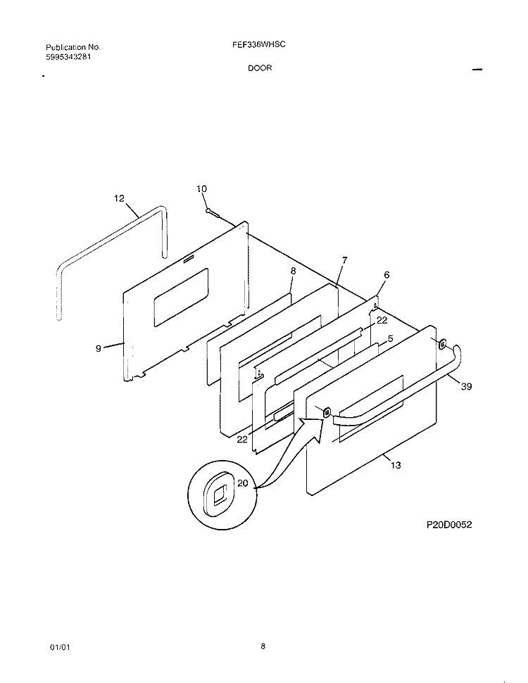 DOOR Diagram and Parts List for FEF336WHSC  Frigidaire Range