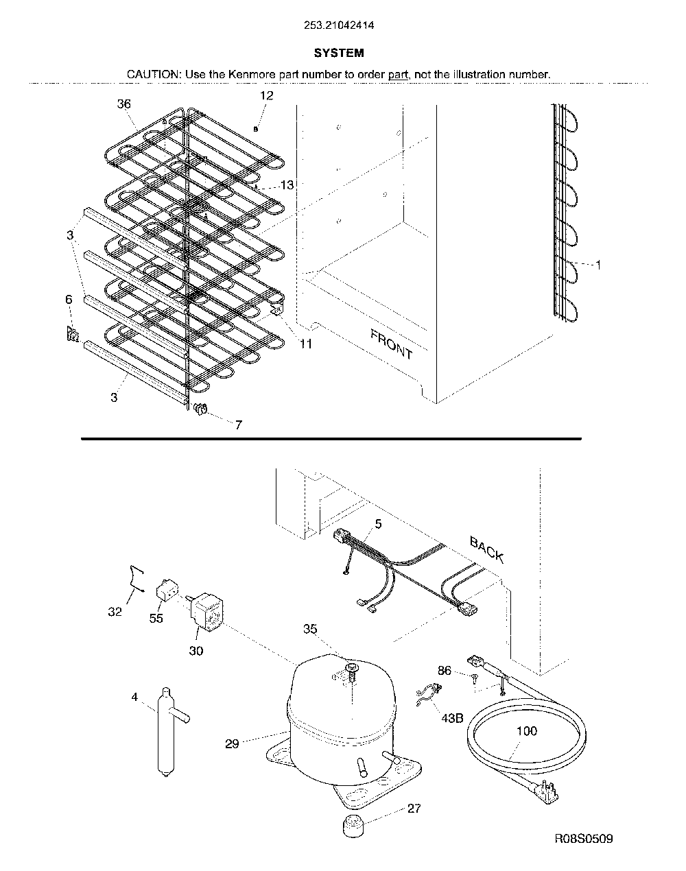 System Diagram and Parts List for 25321042414  Kenmore Freezer