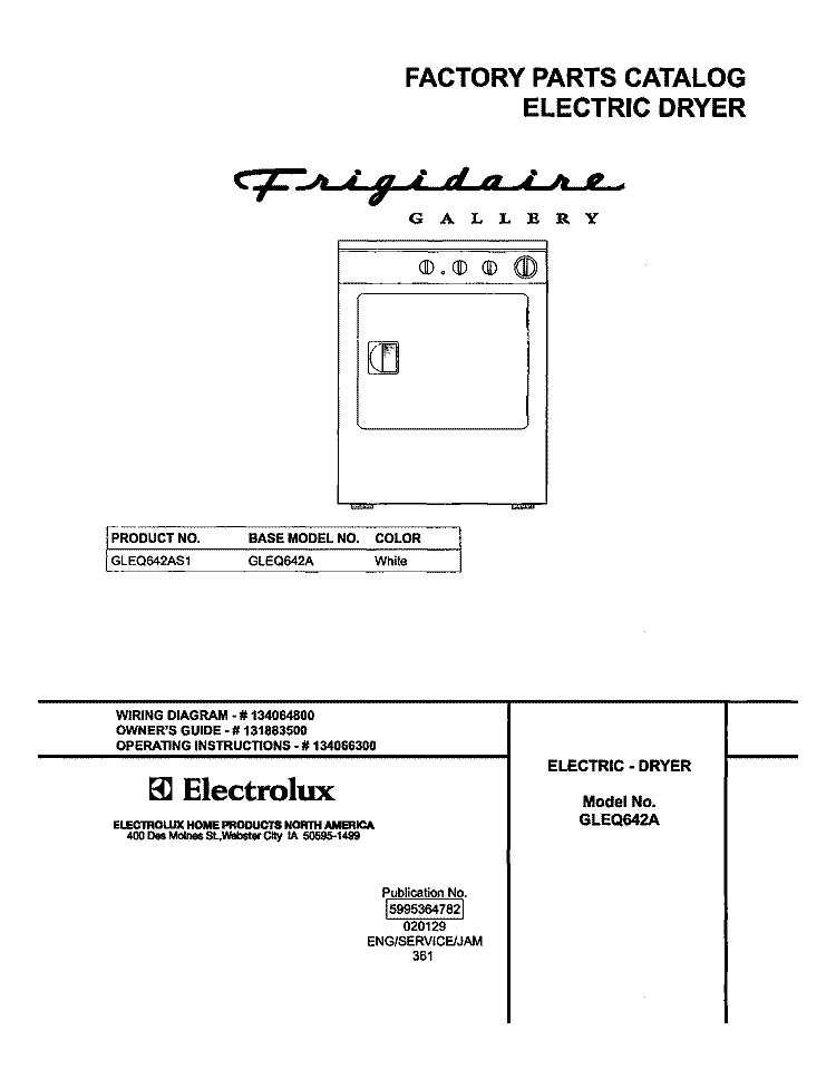 COVER Diagram and Parts List for GLEQ642AS1  Frigidaire Dryer