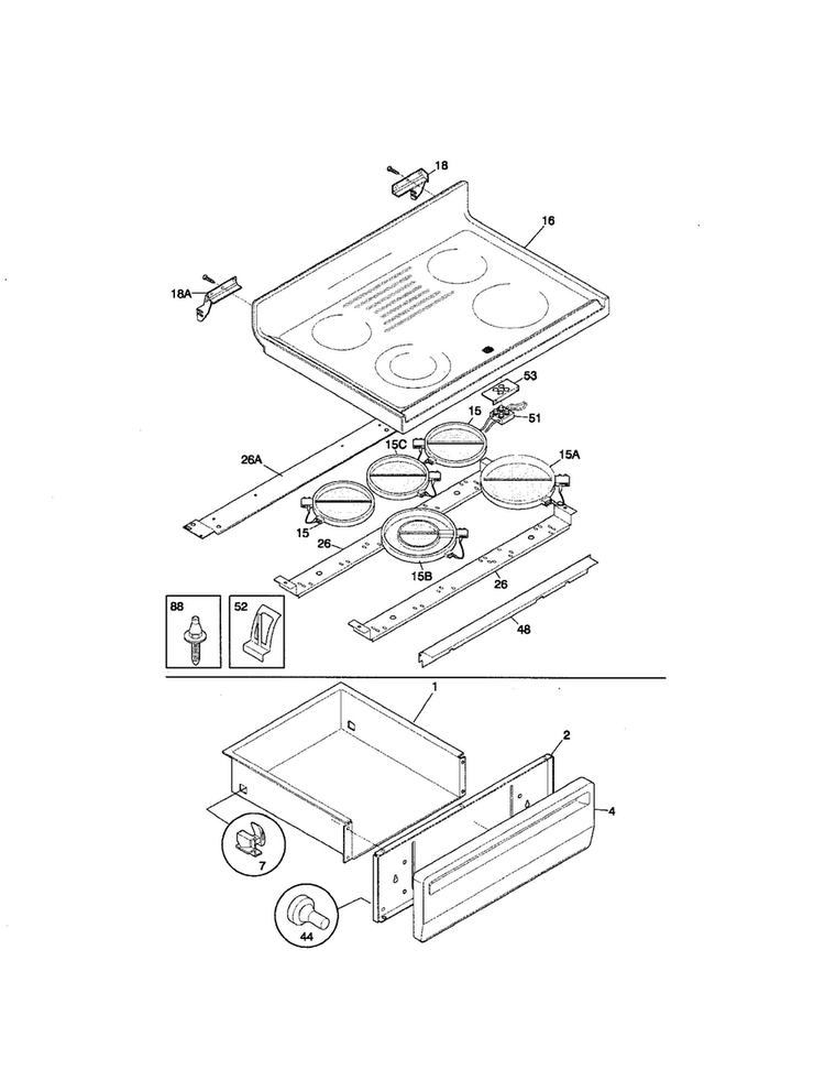 Top/drawer Diagram and Parts List for FEF376CJBA  Frigidaire Range