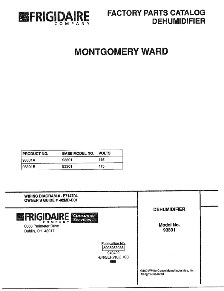 Dehumidifier Diagram and Parts List for 93301A  Frigidaire Dehumidifier