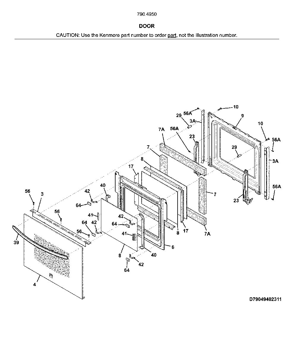 Door Diagram and Parts List for 79049502314  Kenmore Wall Oven