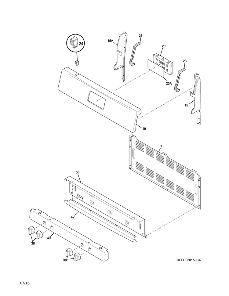 Backguard Diagram and Parts List for FFGF3015LME  Frigidaire Range