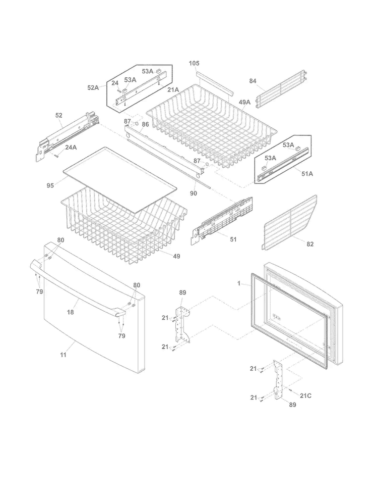 Freezer Drawer, Baskets Diagram and Parts List for EI27BS26JBB  Electrolux Refrigerator