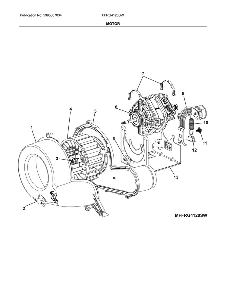 Motor Diagram and Parts List for FFRG4120SW  Frigidaire Dryer