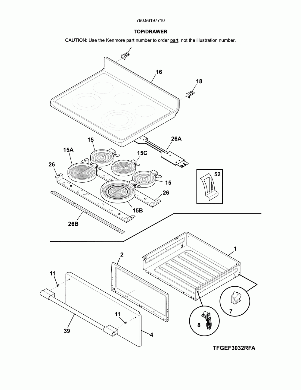 Top/drawer Diagram and Parts List for 79096197710  Kenmore Range