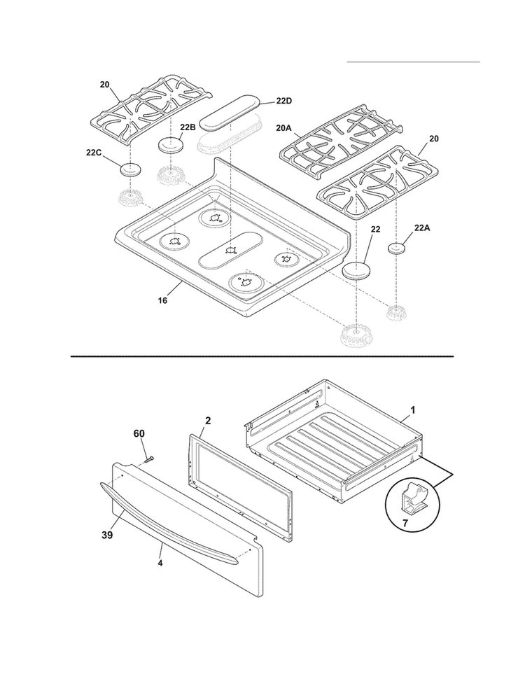 Top/drawer Diagram and Parts List for DGGF3042KFM  Frigidaire Range