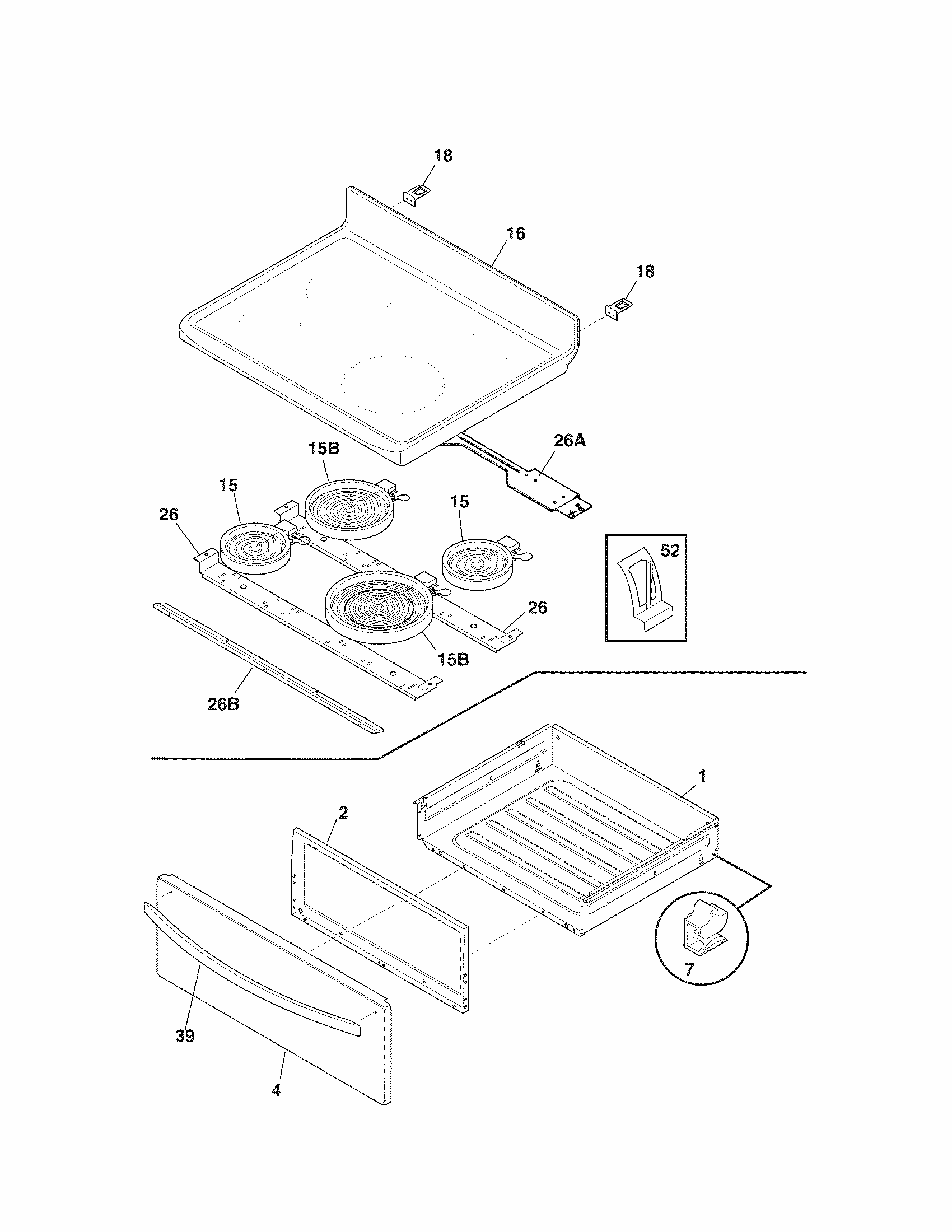 Top/drawer Diagram and Parts List for 79094053310  Kenmore Range